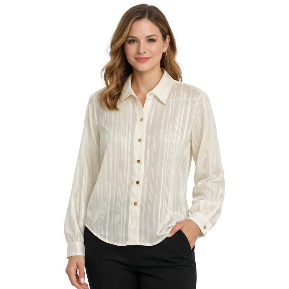 Nine West Sheer Metallic‎ Stripe Button Blouse Long Sleeve Women M NWT